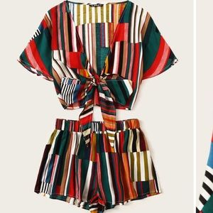 Colorful Striped Knotted Front Top & Shorts Set